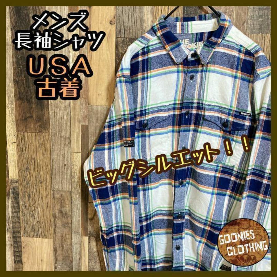 メンズ チェック ネイビー ブルー ホワイト XL シャツ 長袖 白 USA古着 メンズのトップス(シャツ)の商品写真