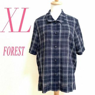 フォレスト　半袖シャツ　XL　ネイビー　ホワイト　チェック　カジュアル(シャツ/ブラウス(半袖/袖なし))