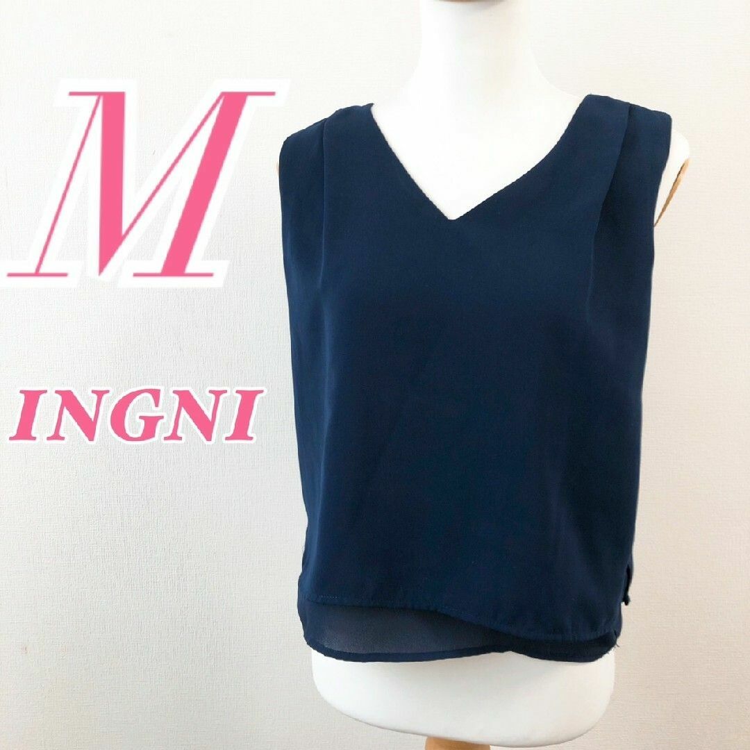 INGNI(イング)のイング　袖なしブラウス　M　ネイビー　オフィスカジュアル　きれいめ　ポリ100% レディースのトップス(シャツ/ブラウス(半袖/袖なし))の商品写真