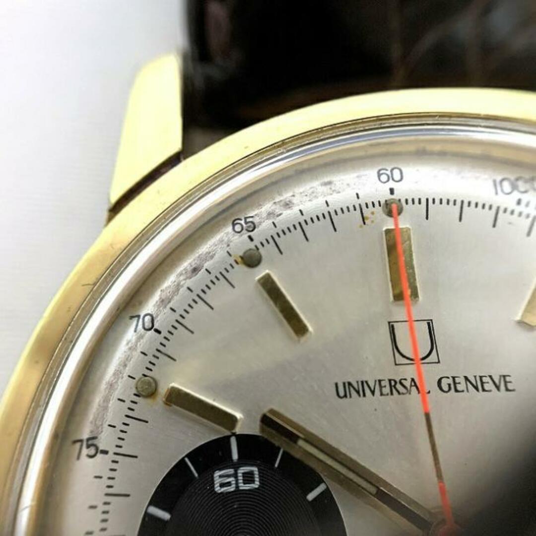 ユニバーサル ジュネーブ 腕時計 ゴールド 茶色 コンパックス 591100/02 COMPAX OH済み GP 革ベルト 中古 263**** Universal Geneve メンズ ヴィンテージ 手巻き 時計 可動品 クロノ ロゴ メンズの時計(腕時計(アナログ))の商品写真