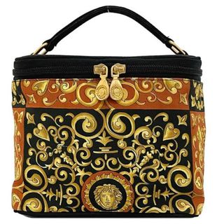 ヴェルサーチ バニティ ハンドバッグ ゴールド オレンジ ブラック メドゥーサ レア ナイロン 中古 VERSACE 黒 ヴィンテージ コスメ ポーチ 人気 マチ有 化粧 小物入れ 大容量 ブランド小物 ゴールド金具 ファスナー 高級感(ハンドバッグ)