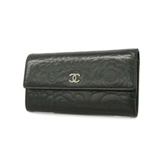 シャネル(CHANEL)の【4hb2061】シャネル 長財布/カメリア/ラムスキン/ブラック/シルバー金具 【中古】 レディース(財布)