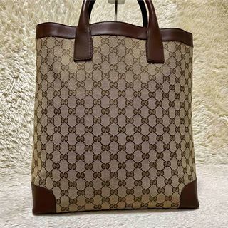 グッチ(Gucci)の749✨美品✨グッチ トートバッグ GGキャンバス×レザー A4収納 ブラウン(トートバッグ)