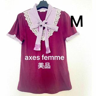 アクシーズファム(axes femme)の美品 アクシーズファム ボウタイ カットソー M レース ワインレッド 半袖(シャツ/ブラウス(半袖/袖なし))