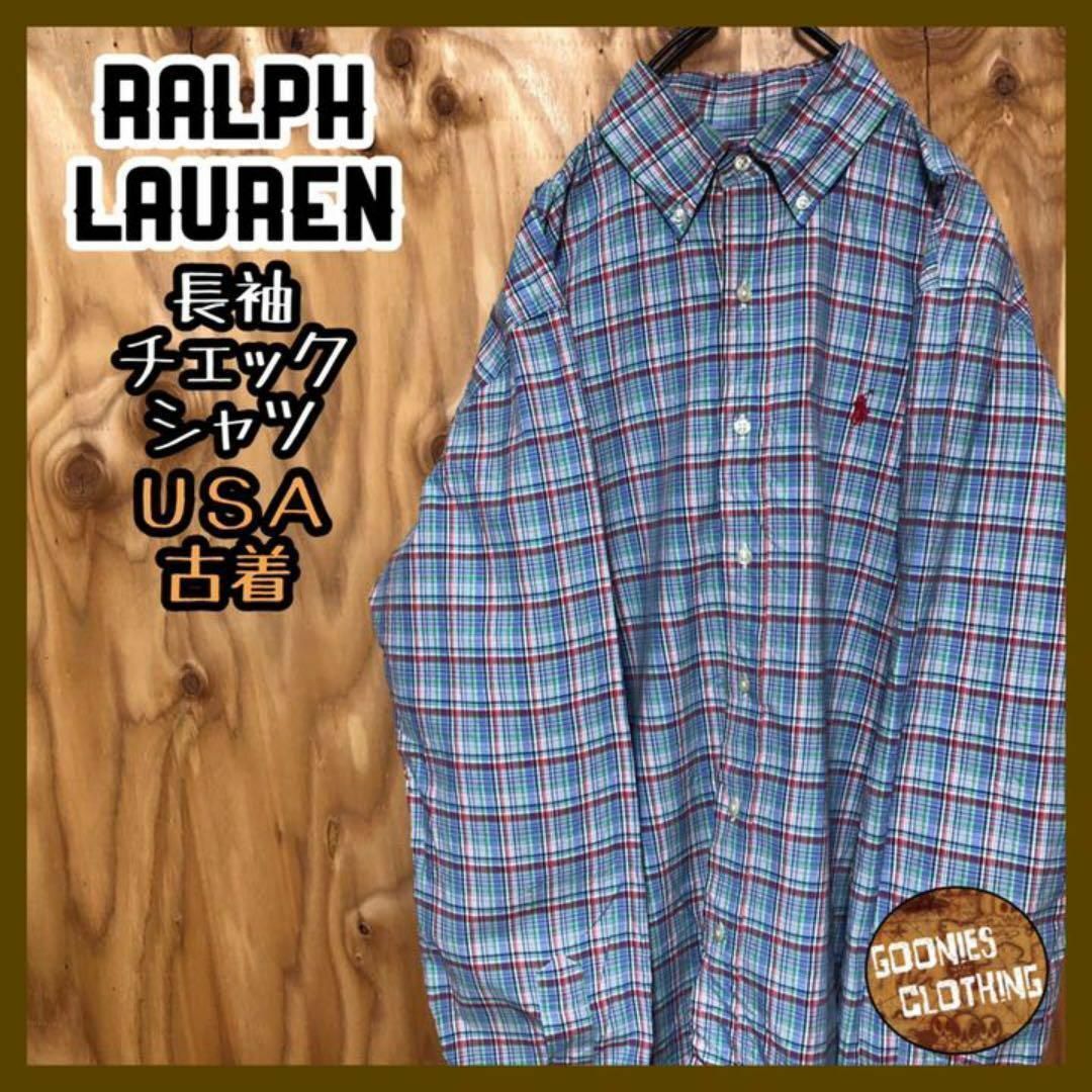 POLO RALPH LAUREN(ポロラルフローレン)のパープル レッド チェック 刺繍 ロゴ USA古着 90 ラルフローレン シャツ メンズのトップス(シャツ)の商品写真
