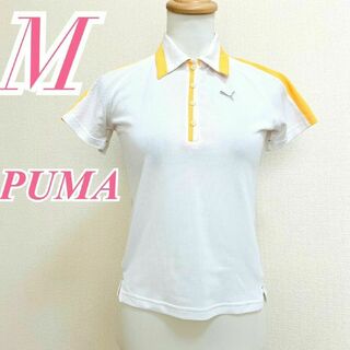 PUMA - プーマ　ポロシャツ　M　ホワイト　オレンジ　ロゴ　ライン　ポリエステル100%