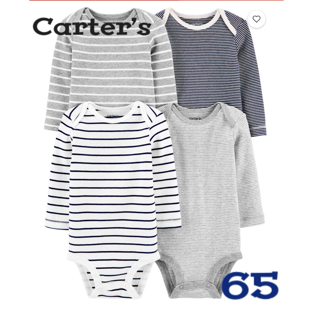 carter's(カーターズ)の【新品未使用】ロンパース65/4枚セット/長袖ボーダーCarter's キッズ/ベビー/マタニティのベビー服(~85cm)(ロンパース)の商品写真