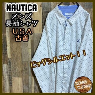 ノーティカ(NAUTICA)のNAUTICA 総柄 船 海 ホワイト ボタン シャツ メンズ 白 USA古着(シャツ)