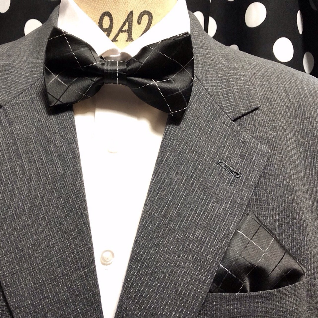 蝶ネクタイ ポケットチーフ２点セット/メンズ/ブラック&ホワイトチェック メンズのファッション小物(ネクタイ)の商品写真