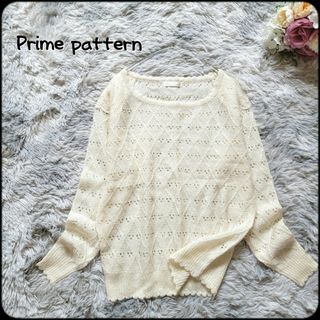 プライムパターン(PRIME PATTERN)のプライムパターン●チュールレース刺繍付き♪格子柄スカラップ透かし編み春ニット(ニット/セーター)