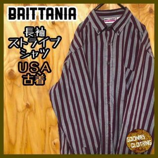 ブリタニア エンジ グレー USA古着 90s ボタンダウン ストライプ シャツ(シャツ)