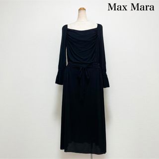 マックスマーラ(Max Mara)のMaxMara レーヨン混ドレープワンピース 黒 白タグ イタリア製 上品素敵♡(ひざ丈ワンピース)