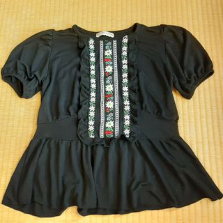 花の刺繍　ブラック半袖オーバーブラウス(シャツ/ブラウス(半袖/袖なし))