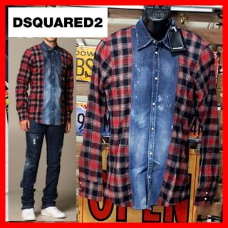 ディースクエアード(DSQUARED2)の定価9.7万　ディースクエアード　ドッキング　ネルシャツ　デニムシャツ　Ｍ(シャツ)