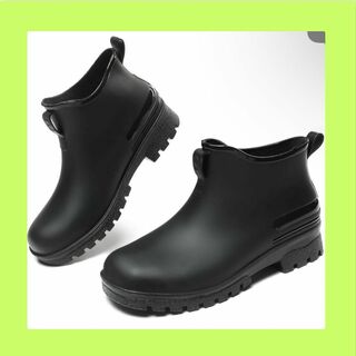 レインブーツ レディース ショート レインシューズ 防水 雨靴 24.5 黒(レインブーツ/長靴)