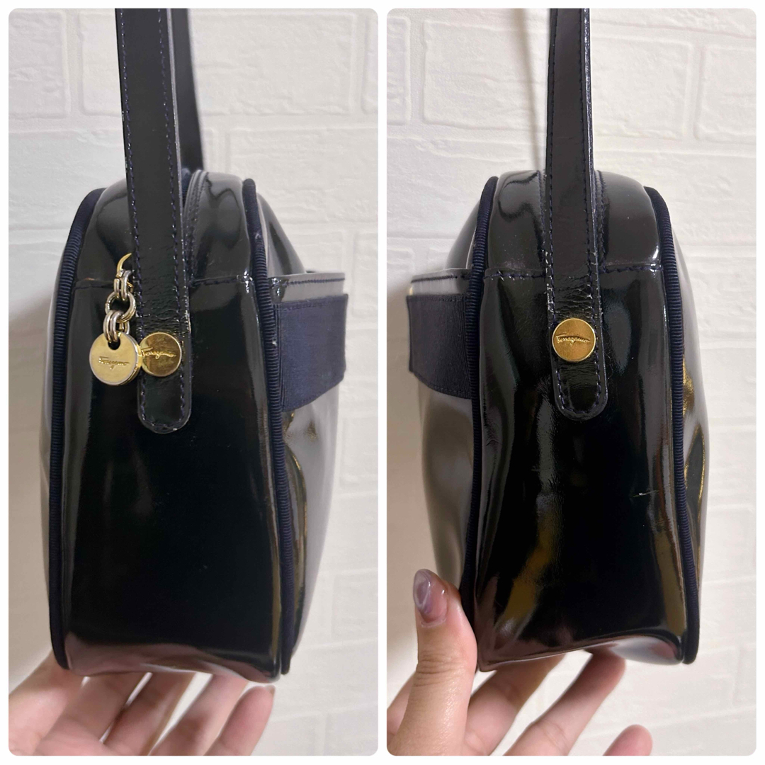【Ferragamo】フェラガモ エナメル 黒×ネイビー 本革 ショルダーバッグ 【Ferragamo】フェラガモ エナメル 黒×ネイビー 本革 ショルダーバッグ