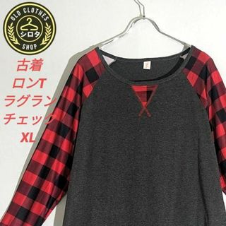 古着 ロンT アメカジ ラグラン グレー 赤 黒 チェック レア(Tシャツ/カットソー(七分/長袖))