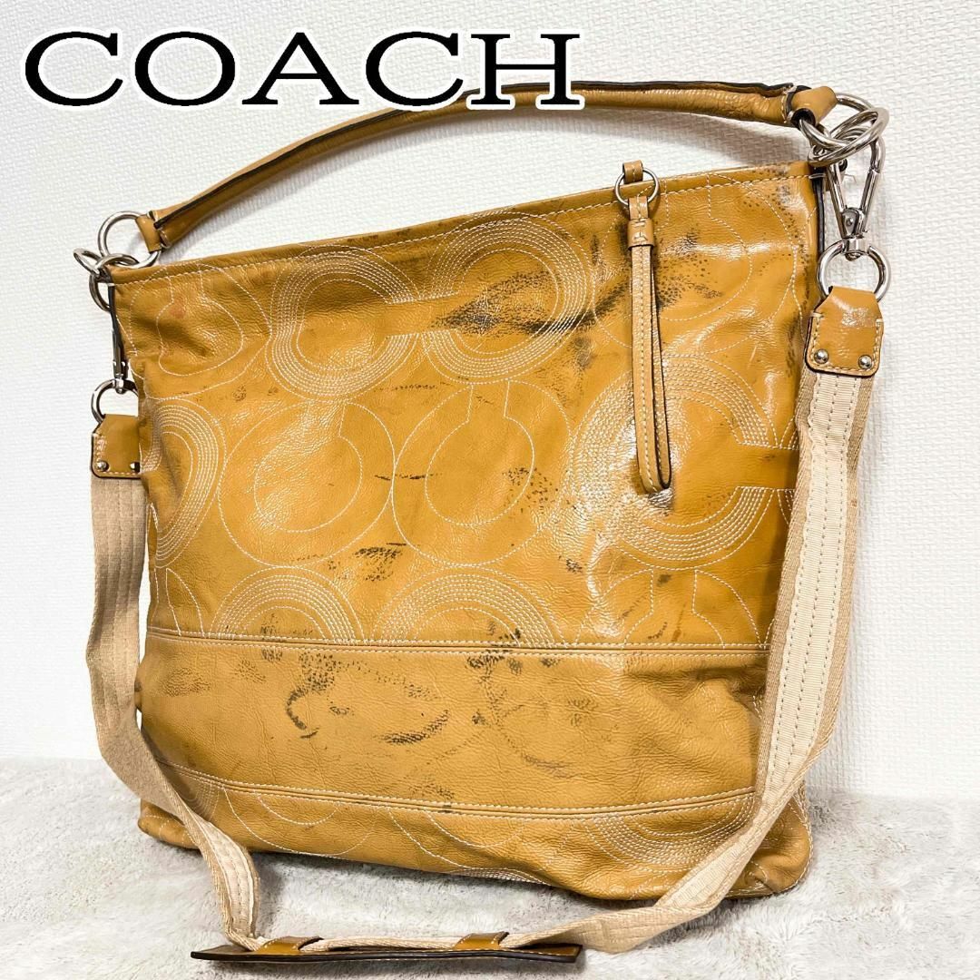 COACH(コーチ)の美品✨COACH コーチショルダーバッグハンドバッグシグネチャー総柄イエロー黄 レディースのバッグ(ショルダーバッグ)の商品写真