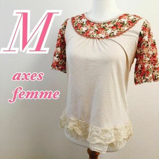 アクシーズファム(axes femme)のアクシーズファム　半袖ブラウス　M　ホワイト　レッド　レース　花柄　ミドル丈(シャツ/ブラウス(半袖/袖なし))