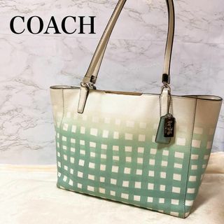 コーチ(COACH)の美品✨COACH コーチセミショルダーバッグトートバッググリーンホワイトチェック(ショルダーバッグ)