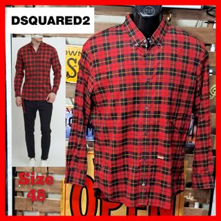 ディースクエアード(DSQUARED2)のディースクエアード　ロゴプレート　チェックネルシャツ　48 L　レッド(シャツ)