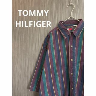 トミーヒルフィガー(TOMMY HILFIGER)の【vintage品】トミーヒルフィガー　半袖シャツ　刺繍ロゴ　ストライプ(シャツ)