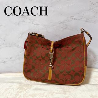 コーチ(COACH)の美品✨COACH コーチセミショルダーバッグトートバッグレッド赤シグネチャー総柄(ショルダーバッグ)