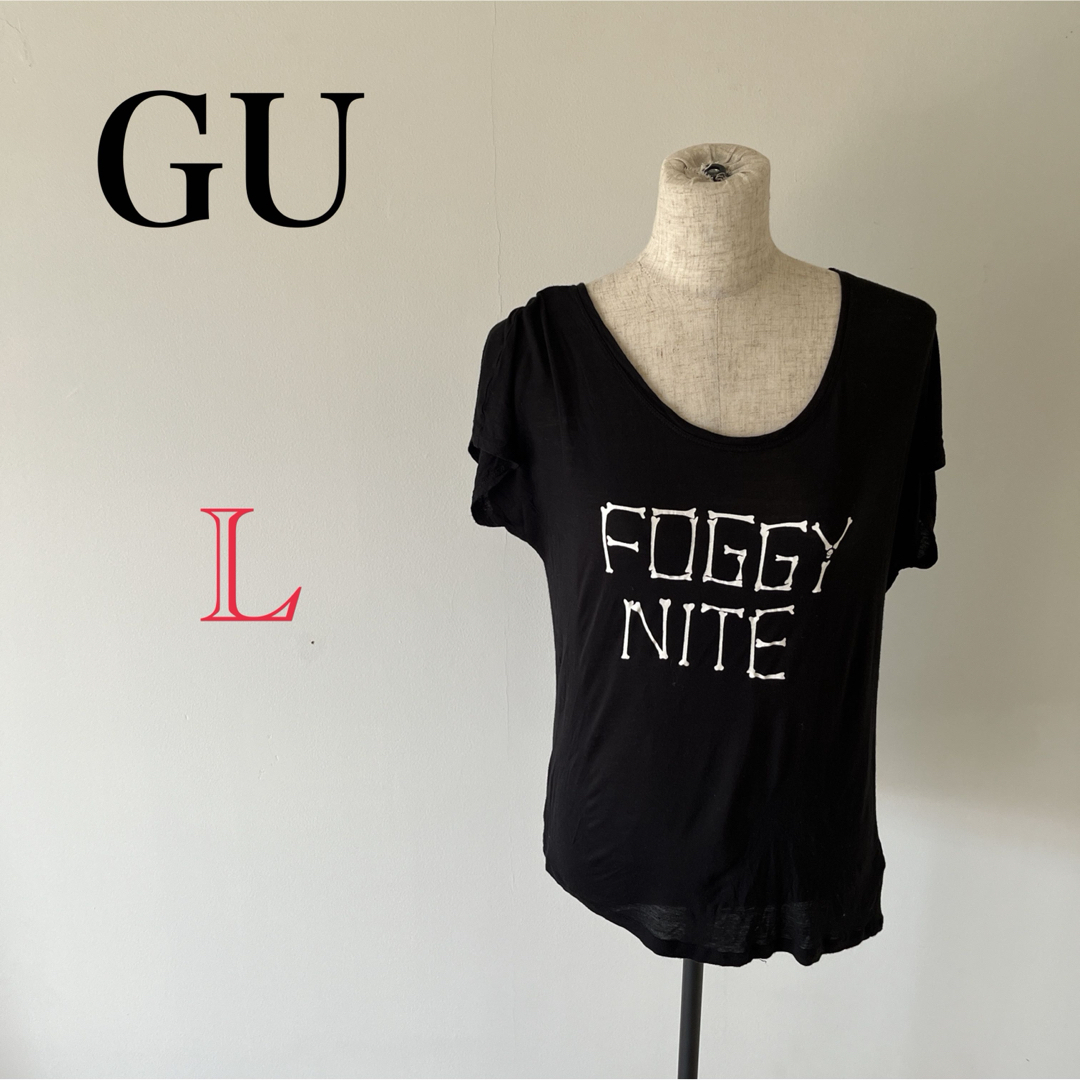 GU(ジーユー)の【GU】レディース　カットソー　ブラウス　シャツ　Tシャツ　半袖　ブラック　古着 レディースのトップス(シャツ/ブラウス(半袖/袖なし))の商品写真