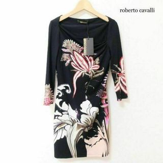 ロベルトカヴァリ(Roberto Cavalli)の未使用 ロベルトカヴァリ 花柄 ドレープ ストレッチ 七分袖 ワンピース(ひざ丈ワンピース)