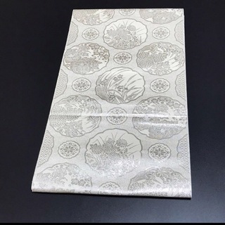 ［9286］袋帯 美品 絵皿花文様 六通 銀糸 正絹 着物 シルバー(帯)