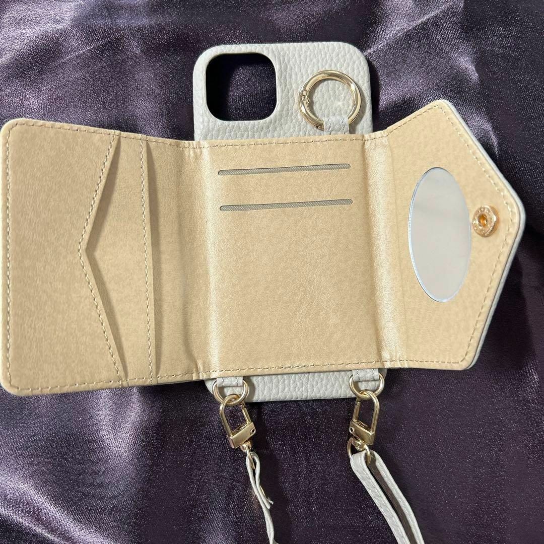 【特価】iPhone14 スマホショルダー ベージュ スマホケース 鏡 ポケット スマホ/家電/カメラのスマホアクセサリー(iPhoneケース)の商品写真
