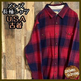 メンズ アメカジ チェック シャツ レッド ネイビー USA古着 90s 長袖(シャツ)