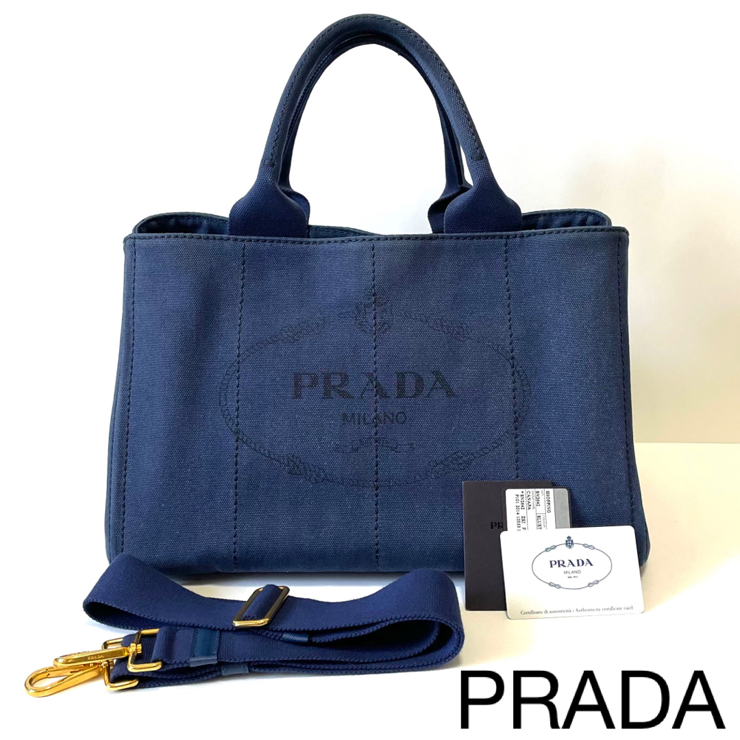 PRADA(プラダ)の【美品】プラダ　カナパ　トートバッグ　キャンバス　三角ロゴ　Mサイズ　ブルー レディースのバッグ(トートバッグ)の商品写真