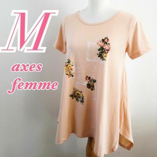 アクシーズファム(axes femme)のアクシーズファム　半袖カットソー　M　サーモンピンク　プリント　ガーリー(カットソー(半袖/袖なし))