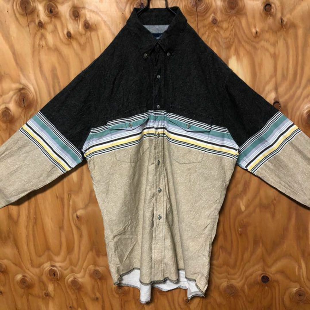 Wrangler(ラングラー)のラングラー ネルシャツ ボーダー USA古着 90s チャコール ベージュ 長袖 メンズのトップス(シャツ)の商品写真