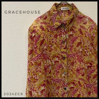 GRACEHOUSE 総柄シャツ　ブラウス　幾何学柄　イエロー×ワインレッド(シャツ/ブラウス(長袖/七分))