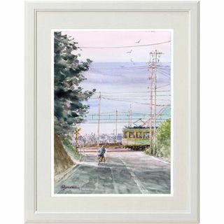 水彩画原画  江ノ電とサーファーの朝　＃636(絵画/タペストリー)