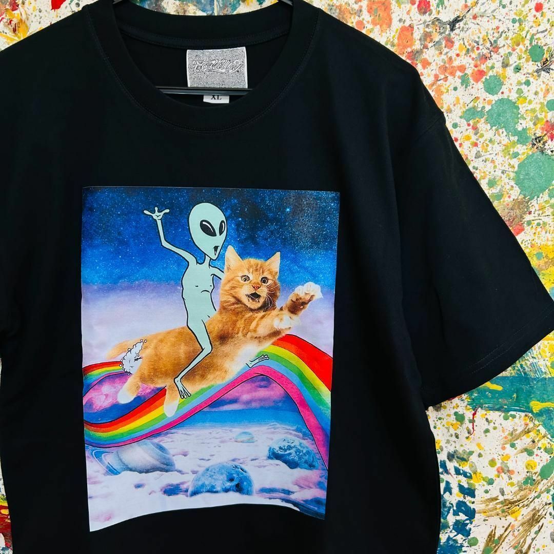 アバンギャルド Tシャツ 半袖 メンズ 新品ブラック 宇宙 ネコ 猫 CAT メンズのトップス(Tシャツ/カットソー(半袖/袖なし))の商品写真