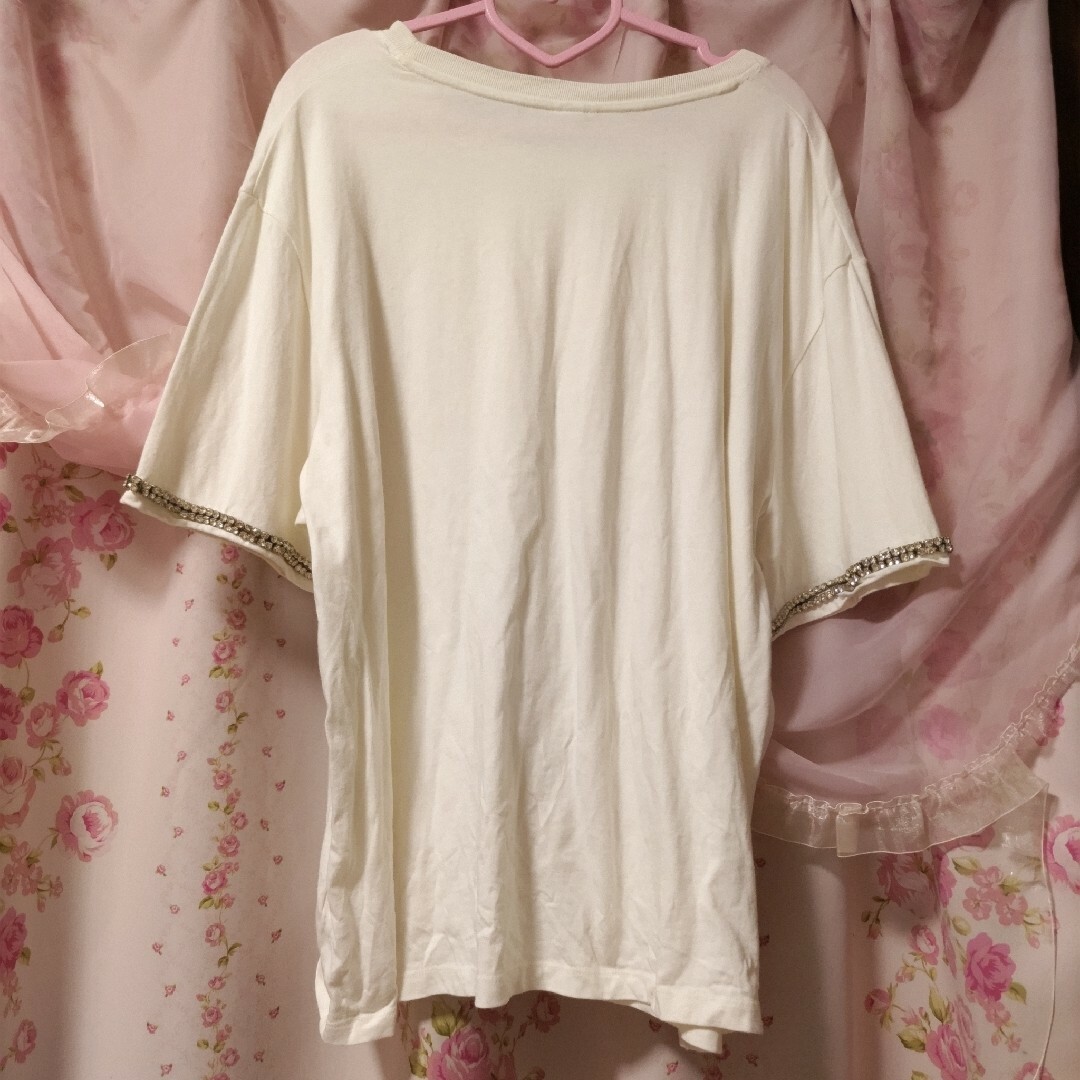 H&M(エイチアンドエム)のお値下げ LLサイズ H＆M 袖のビジューが大人かわいい Tシャツ(ホワイト) レディースのトップス(Tシャツ(半袖/袖なし))の商品写真