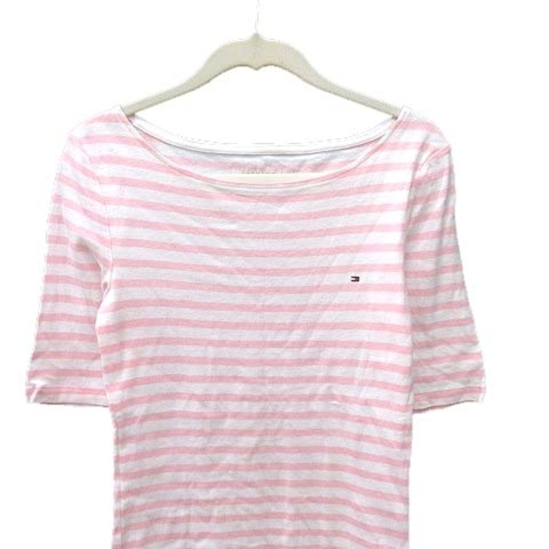 TOMMY HILFIGER(トミーヒルフィガー)のトミーヒルフィガー Tシャツ 五分袖 ボートネック ボーダー S ピンク 白 レディースのトップス(その他)の商品写真