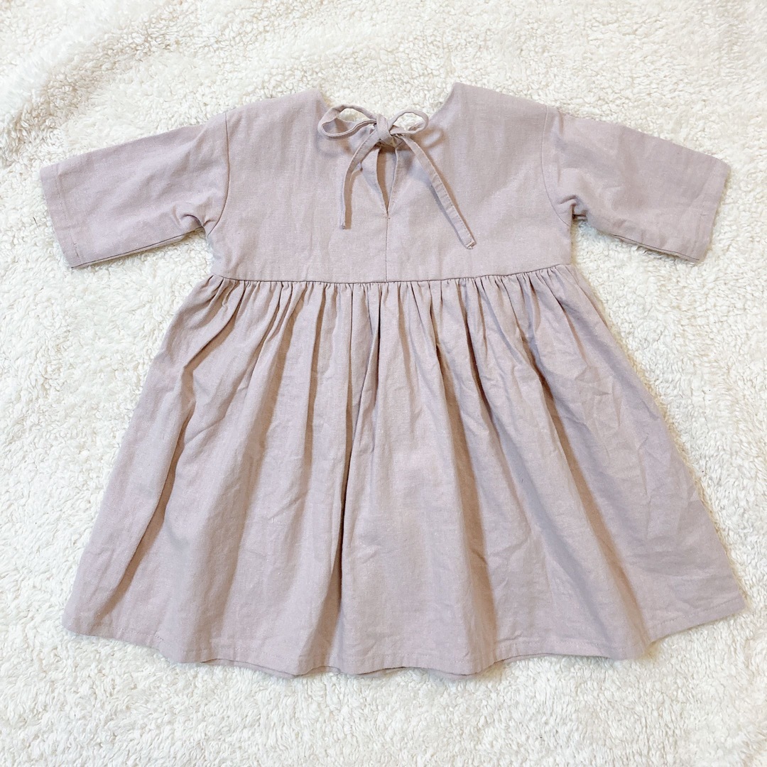 ハンドメイド　ヨークワンピース　リネン　90 女の子　スモークピンク キッズ/ベビー/マタニティのキッズ服女の子用(90cm~)(ワンピース)の商品写真