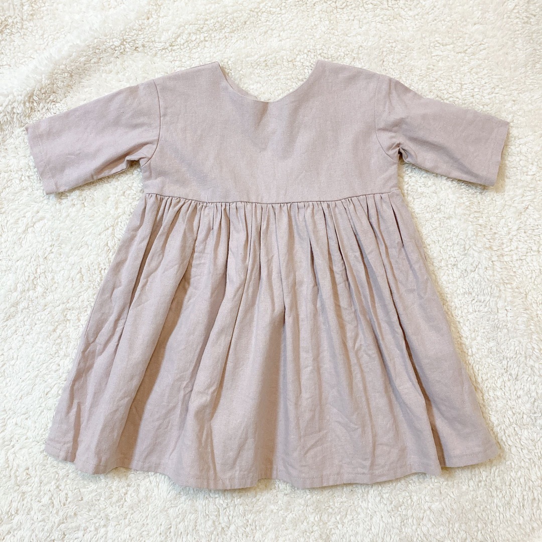 ハンドメイド　ヨークワンピース　リネン　90 女の子　スモークピンク キッズ/ベビー/マタニティのキッズ服女の子用(90cm~)(ワンピース)の商品写真