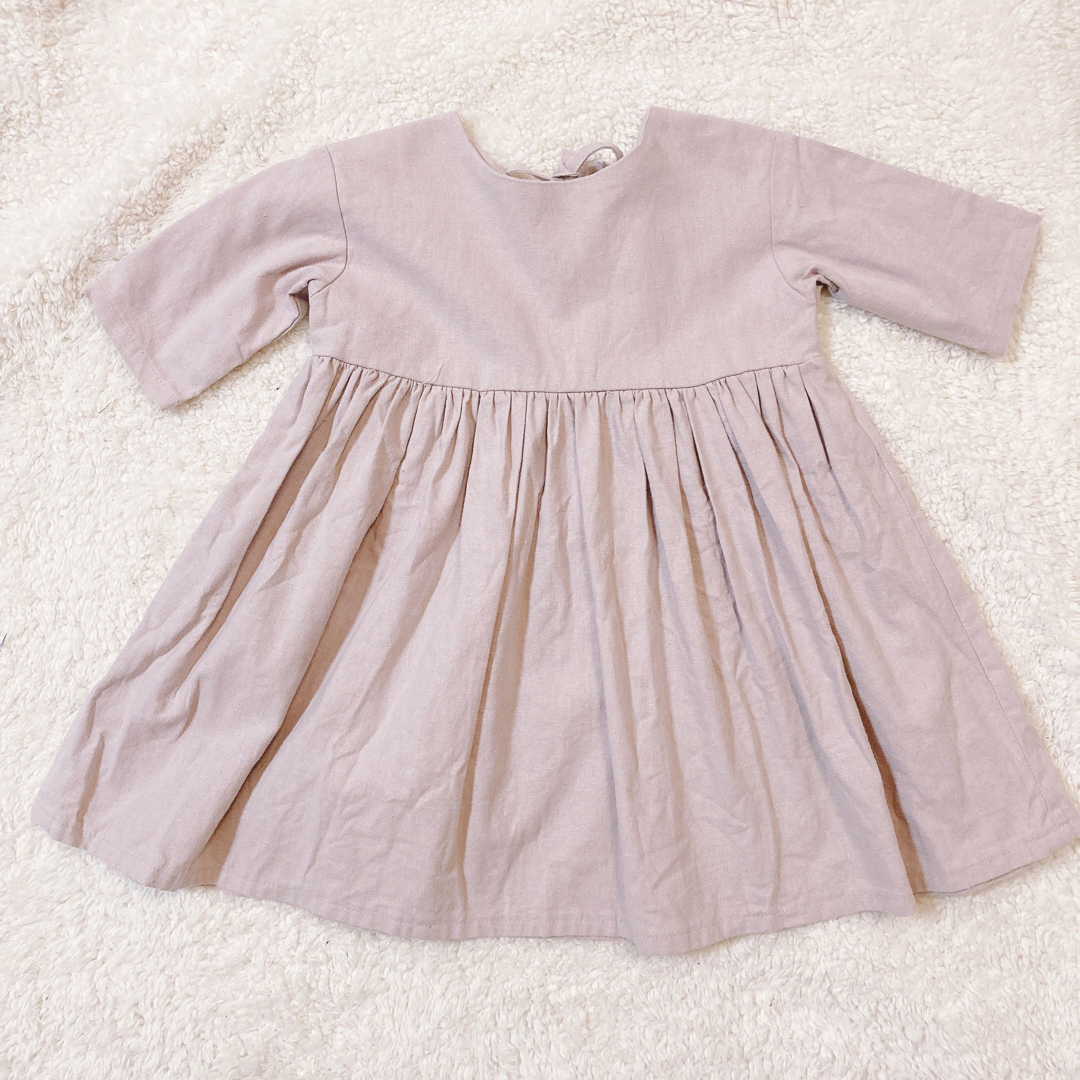 ハンドメイド　ヨークワンピース　リネン　90 女の子　スモークピンク キッズ/ベビー/マタニティのキッズ服女の子用(90cm~)(ワンピース)の商品写真