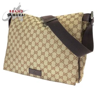 グッチ(Gucci)の美品 GUCCI グッチ ベージュ ブラウン 茶 GGキャンバス /レザー ショルダーバッグ 斜め掛け メッセンジャーバッグ 男女兼用 405492 【中古】(ショルダーバッグ)