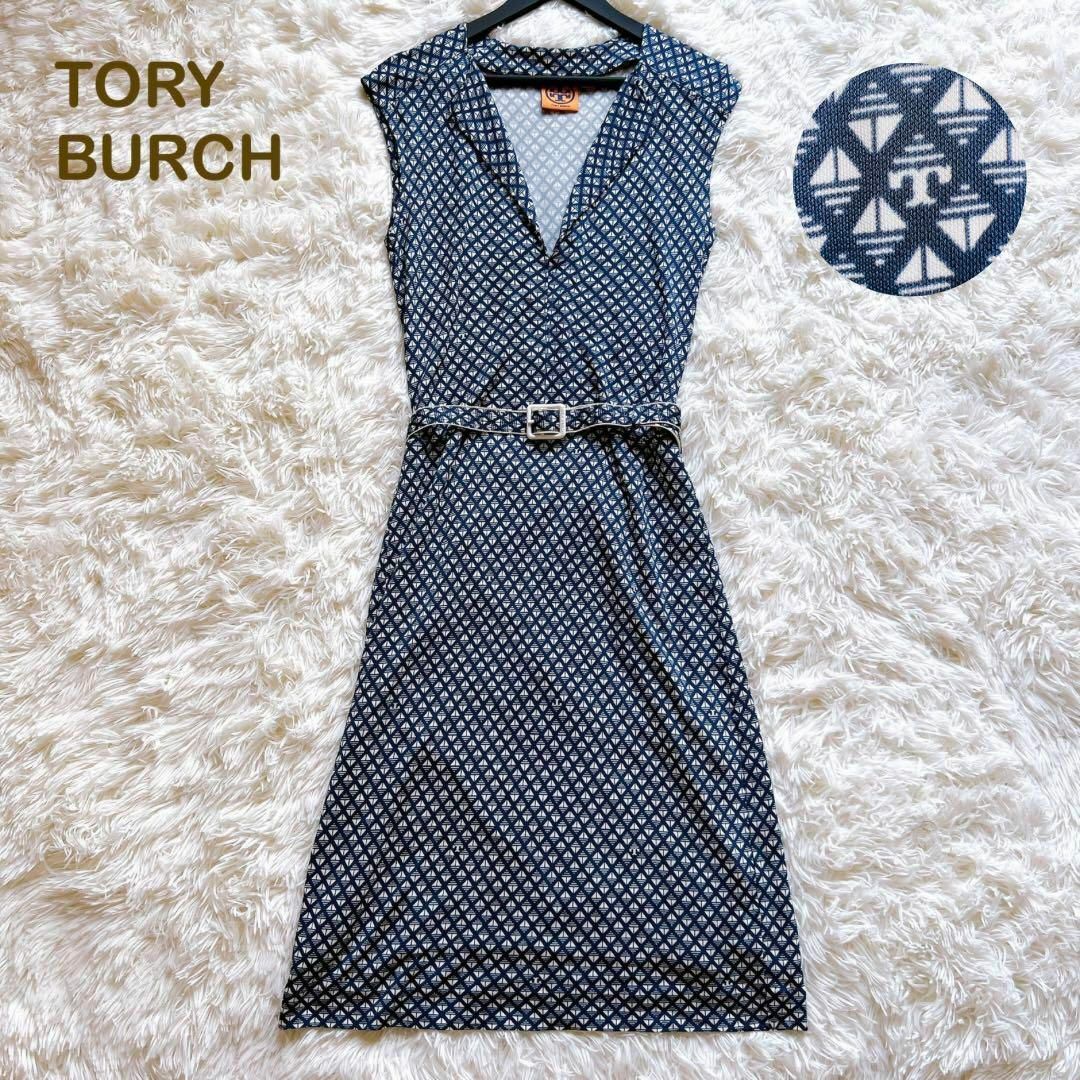 Tory Burch(トリーバーチ)の美品✨トリーバーチ　ロングワンピース　ノースリーブ　Vネック　XS ブルー　総柄 レディースのワンピース(ロングワンピース/マキシワンピース)の商品写真