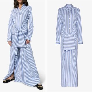 ジルサンダー(Jil Sander)の極美品 JIL SANDER ウエストリボン シャツワンピース 34 ストライプ(ロングワンピース/マキシワンピース)