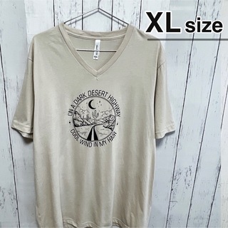 USA古着　Tシャツ　XLサイズ　Vネック　ベージュグレー　プリント　ロゴ　月(Tシャツ/カットソー(半袖/袖なし))