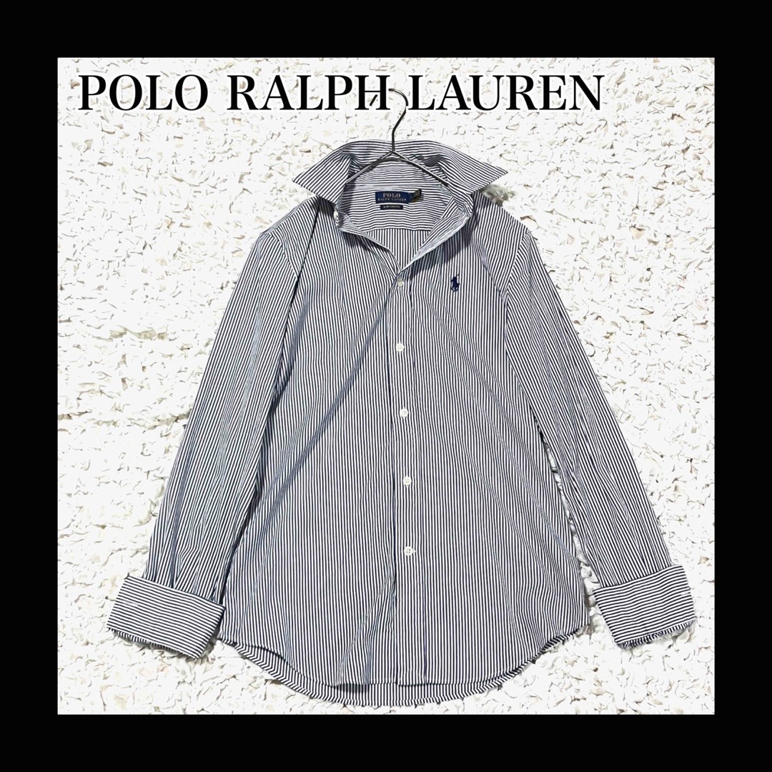 POLO RALPH LAUREN(ポロラルフローレン)の美品　ポロラルフローレン　シャツ　ストライプ　刺繍　ロゴ　長袖　白　青　2 M レディースのトップス(シャツ/ブラウス(長袖/七分))の商品写真