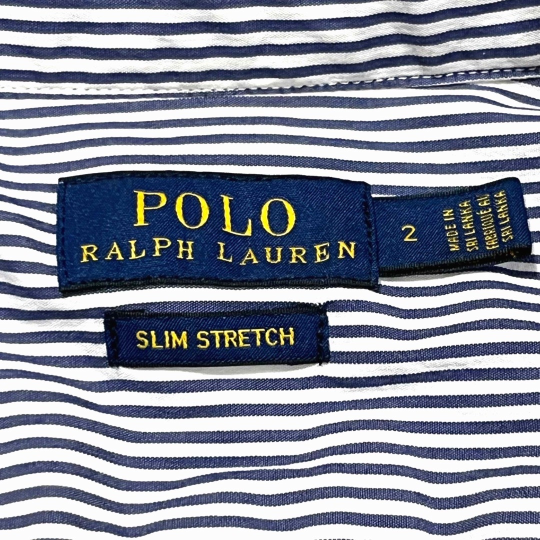 POLO RALPH LAUREN(ポロラルフローレン)の美品　ポロラルフローレン　シャツ　ストライプ　刺繍　ロゴ　長袖　白　青　2 M レディースのトップス(シャツ/ブラウス(長袖/七分))の商品写真