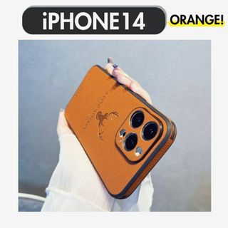 新品 iPhone14ケース オレンジ カバー レザー 鹿 革 韓国 可愛い(iPhoneケース)